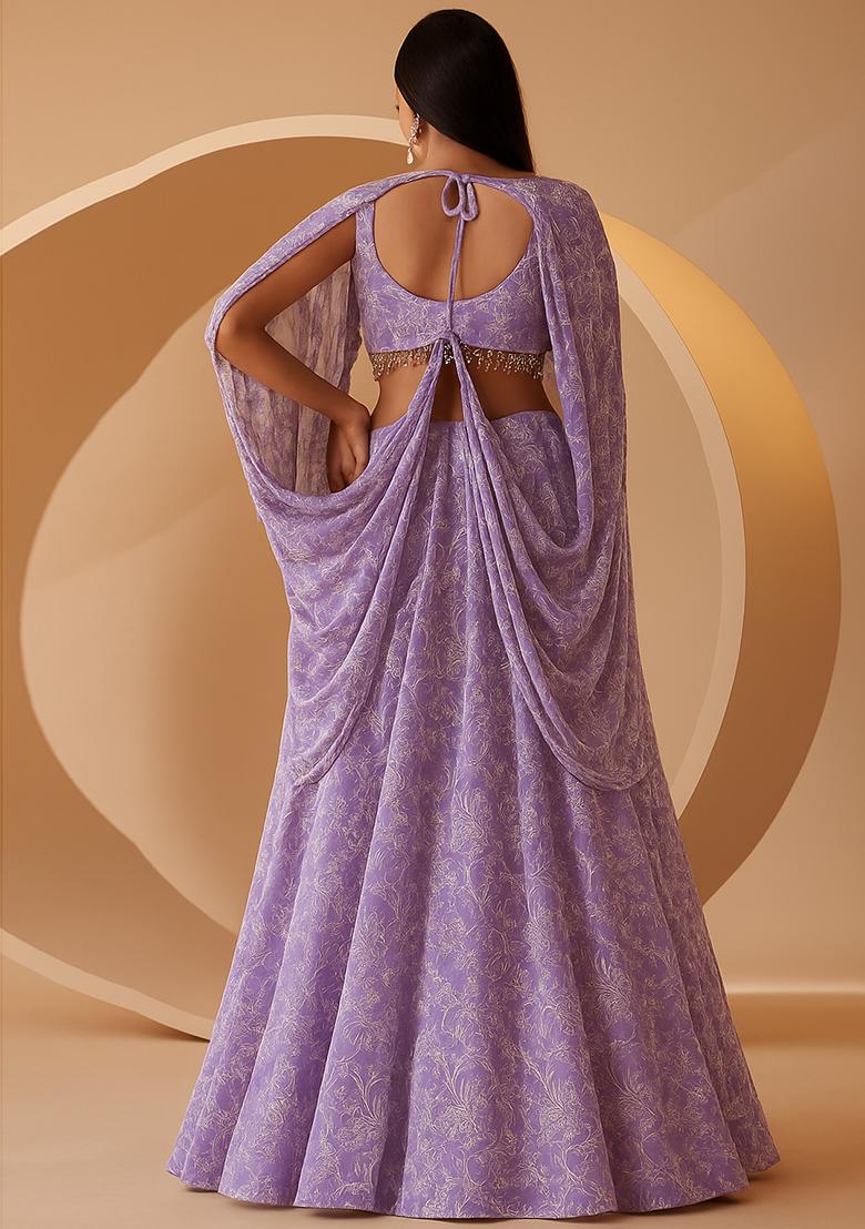 Purple Embroidered Georgette Lehenga Set - Indya