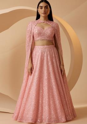 Pink Embroidered Georgette Lehenga Set