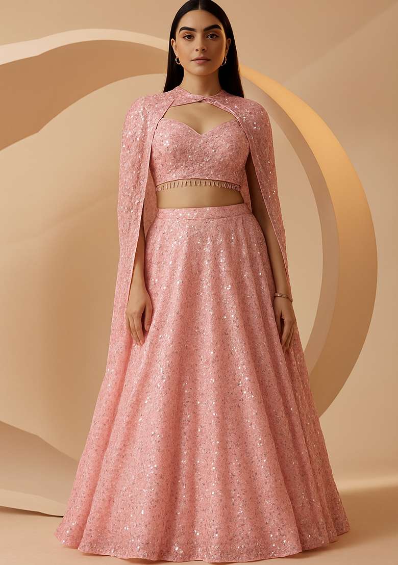 Pink Embroidered Georgette Lehenga Set - Indya