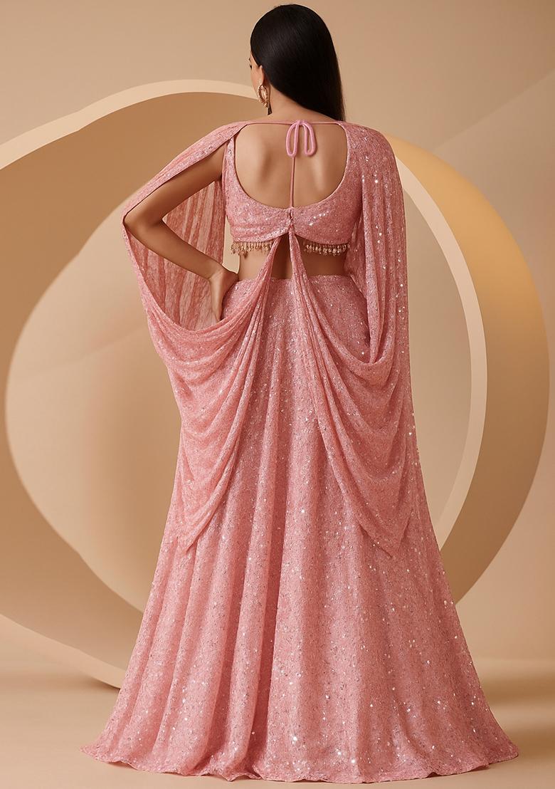 Pink Embroidered Georgette Lehenga Set - Indya