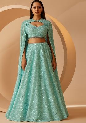 Powder Blue Embroidered Georgette Lehenga Set