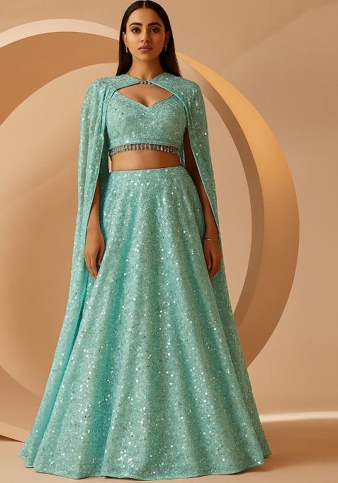 Powder Blue Embroidered Georgette Lehenga Set