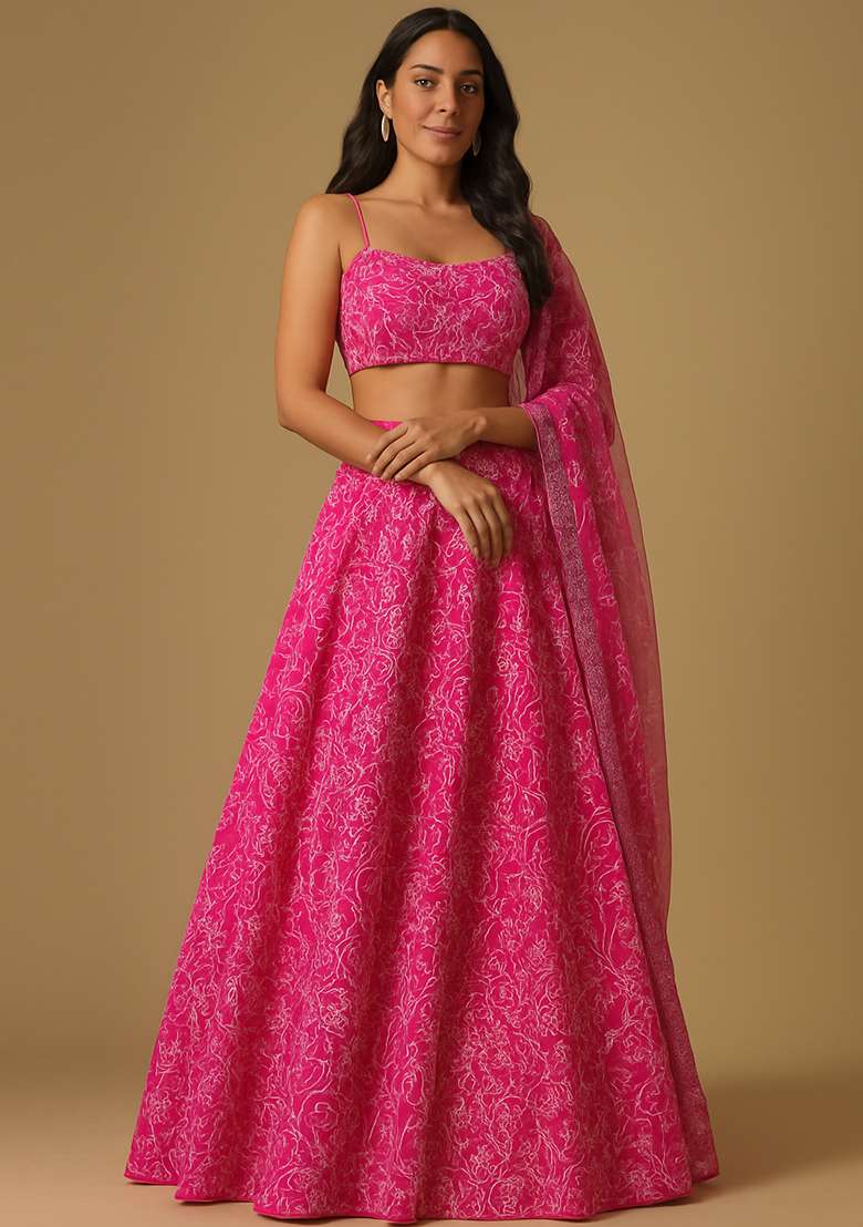 Pink Embroidered Georgette Lehenga Set - Indya