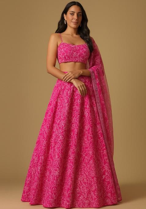 Pink Embroidered Georgette Lehenga Set
