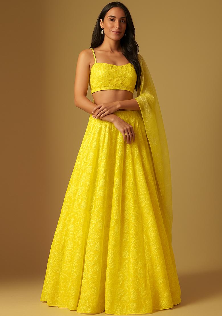 Yellow Embroidered Georgette Lehenga Set