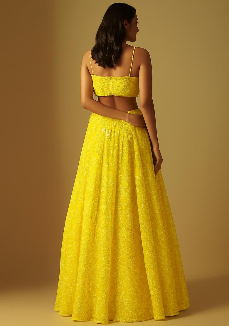 Yellow Embroidered Georgette Lehenga Set - Indya
