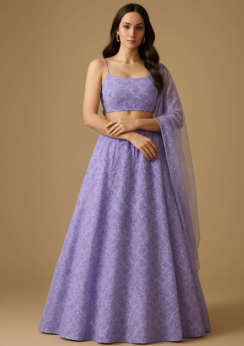 Purple Embroidered Georgette Lehenga Set - Indya