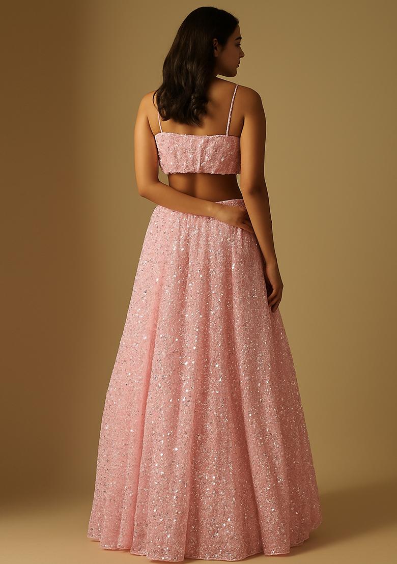 Pink Embroidered Georgette Lehenga Set - Indya