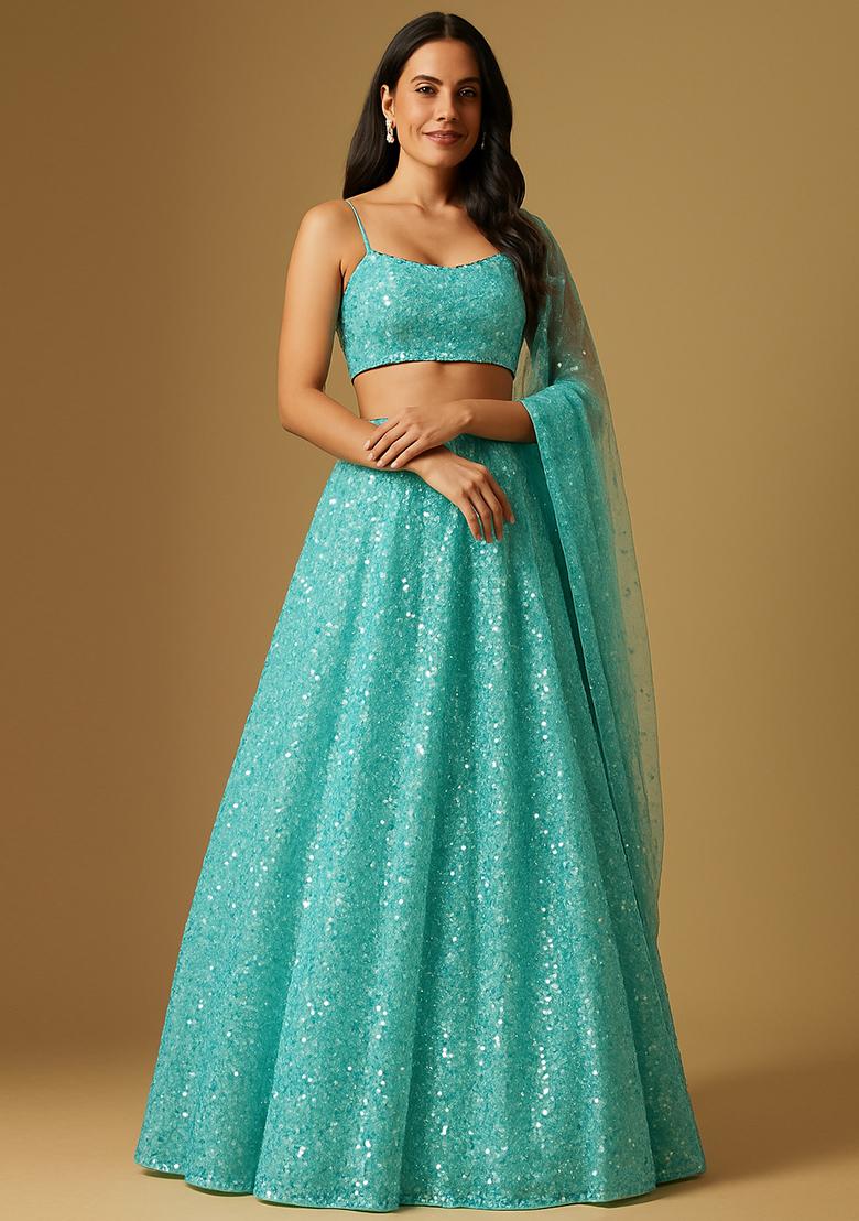 Powder Blue Embroidered Georgette Lehenga Set