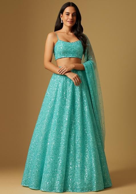 Powder Blue Embroidered Georgette Lehenga Set