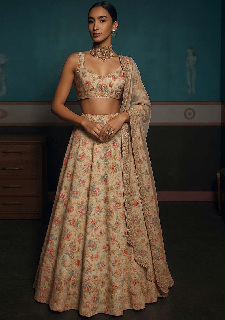 Beige Embroidered Organza Lehenga Set - Indya