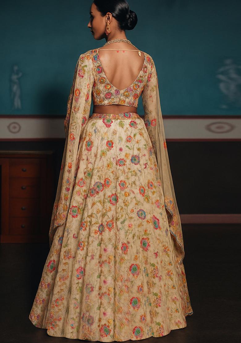 Beige Embroidered Organza Lehenga Set - Indya