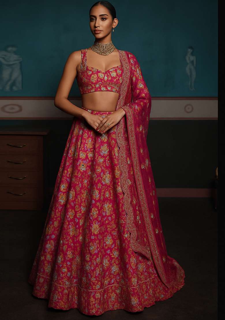 Pink Embroidered Organza Lehenga Set - Indya