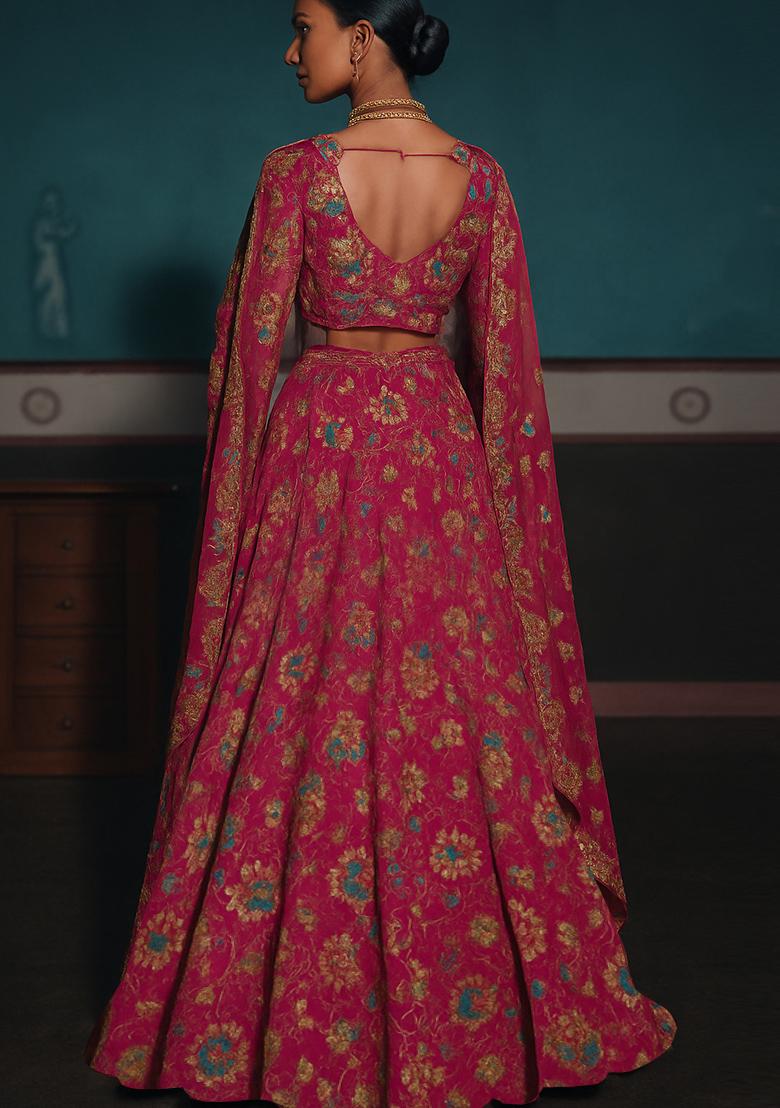 Pink Embroidered Organza Lehenga Set - Indya