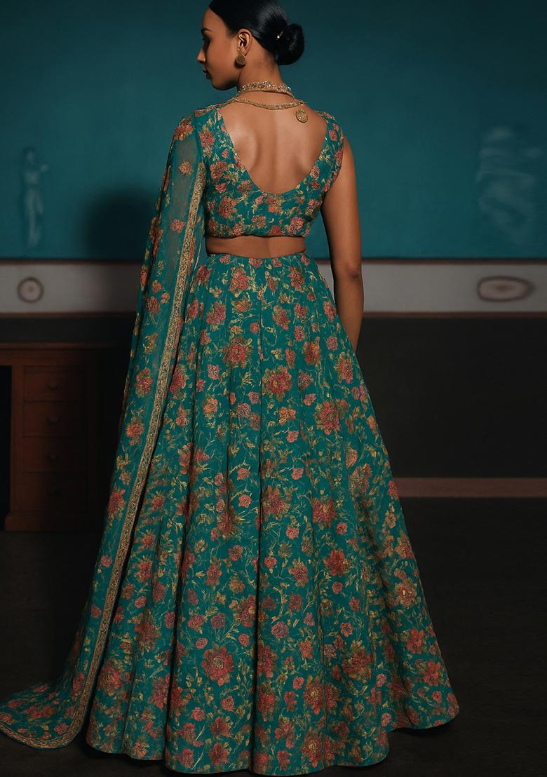 Green Embroidered Organza Lehenga Set - Indya