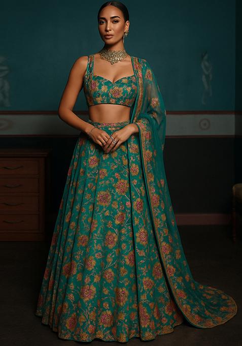 Green Embroidered Organza Lehenga Set