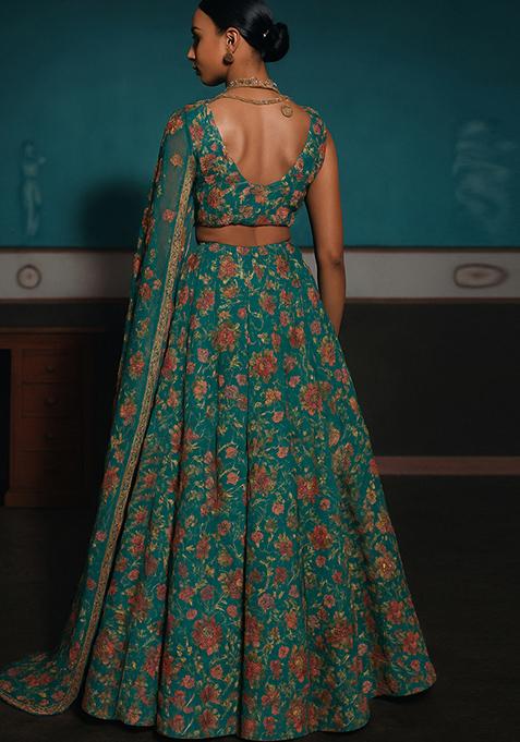 Green Embroidered Organza Lehenga Set