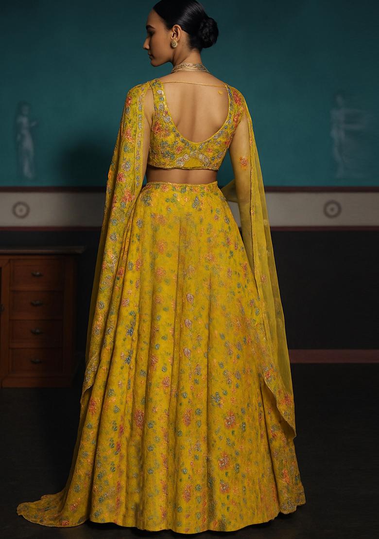 Yellow Embroidered Organza Lehenga Set - Indya