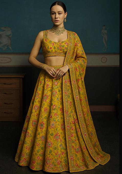 Yellow Embroidered Organza Lehenga Set