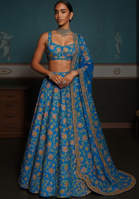 Blue Embroidered Organza Lehenga Set