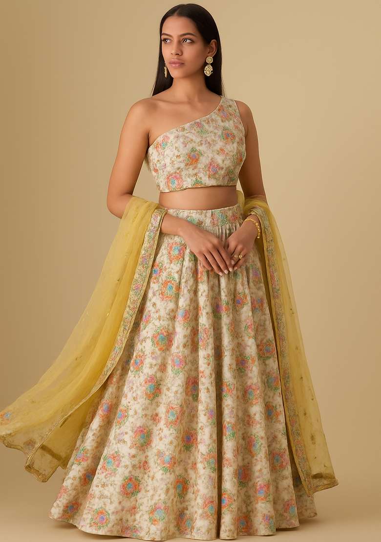 Beige Embroidered Organza Lehenga Set - Indya
