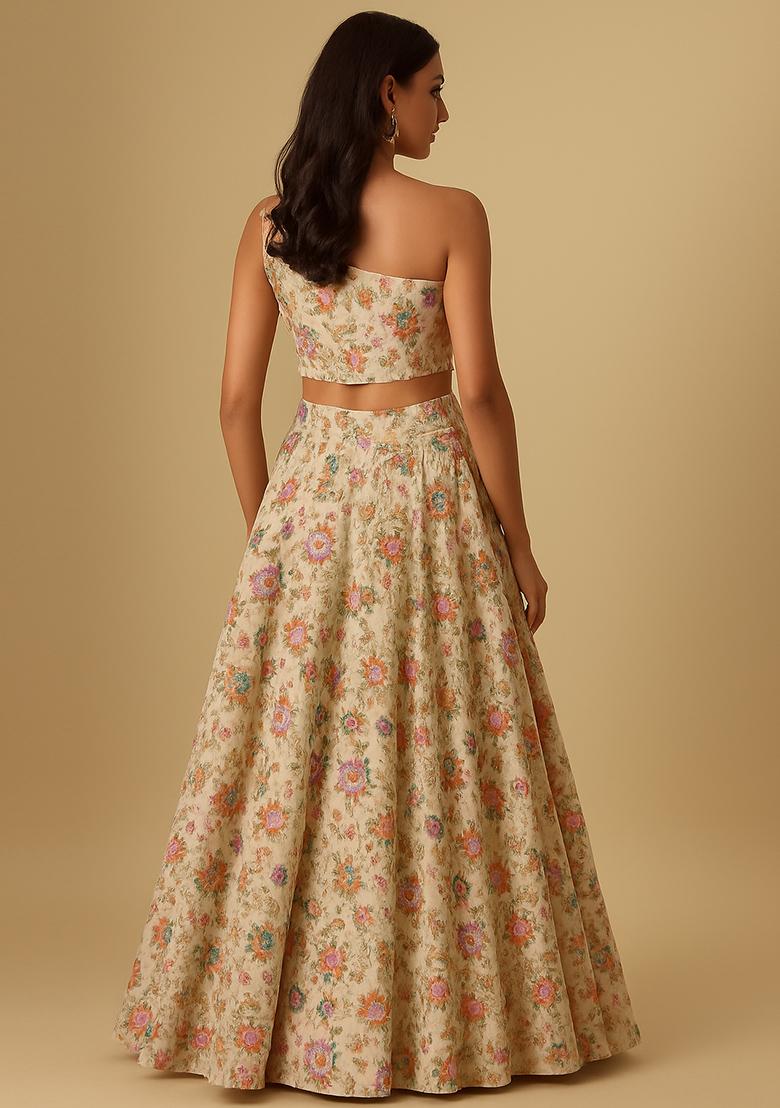 Beige Embroidered Organza Lehenga Set - Indya