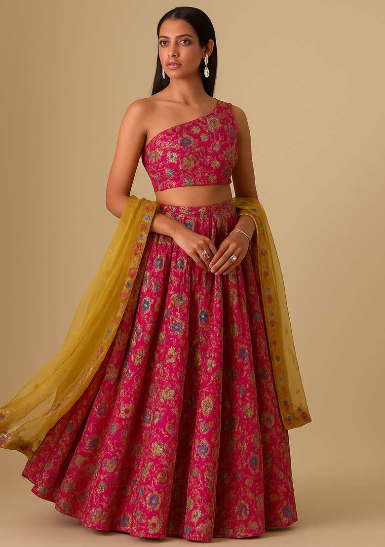 Pink Embroidered Organza Lehenga Set - Indya