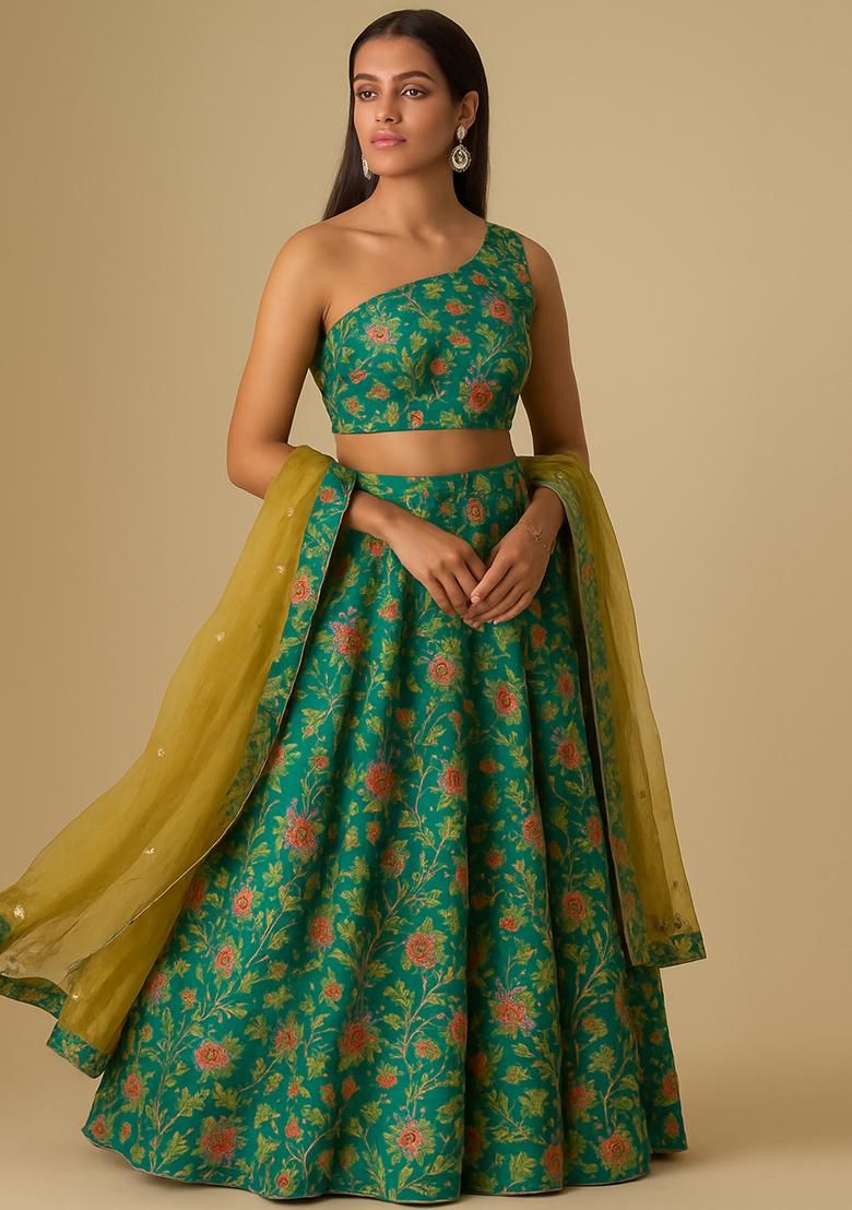 Green Embroidered Organza Lehenga Set
