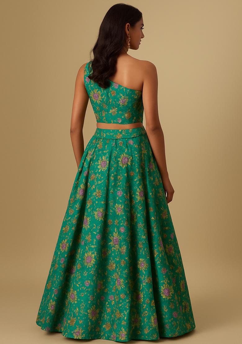 Green Embroidered Organza Lehenga Set - Indya