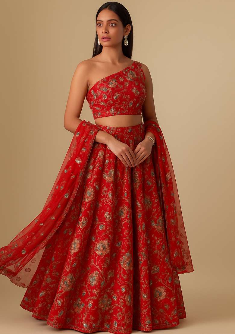 Orange Embroidered Organza Lehenga Set - Indya