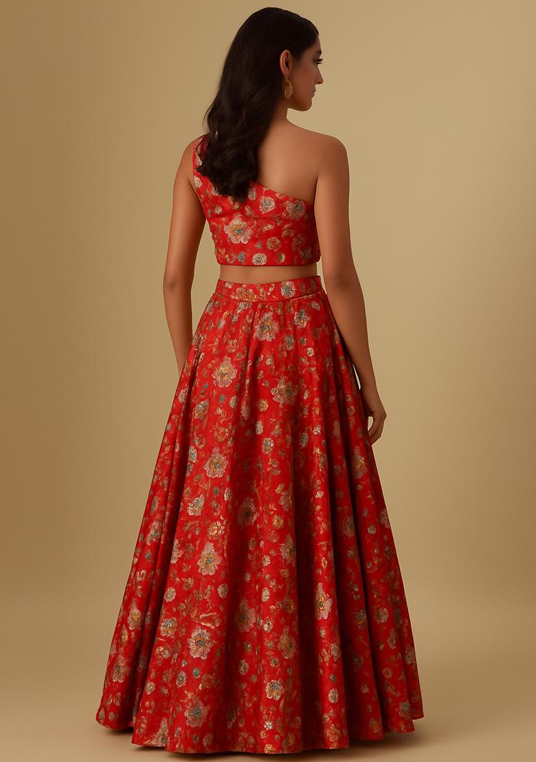 Orange Embroidered Organza Lehenga Set - Indya