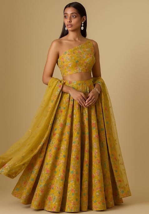 Yellow Embroidered Organza Lehenga Set