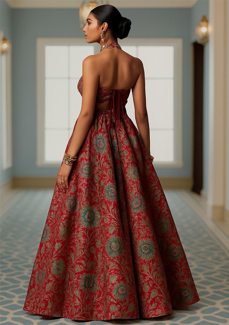 Pink Jacquard Brocade Lehenga Set - Indya