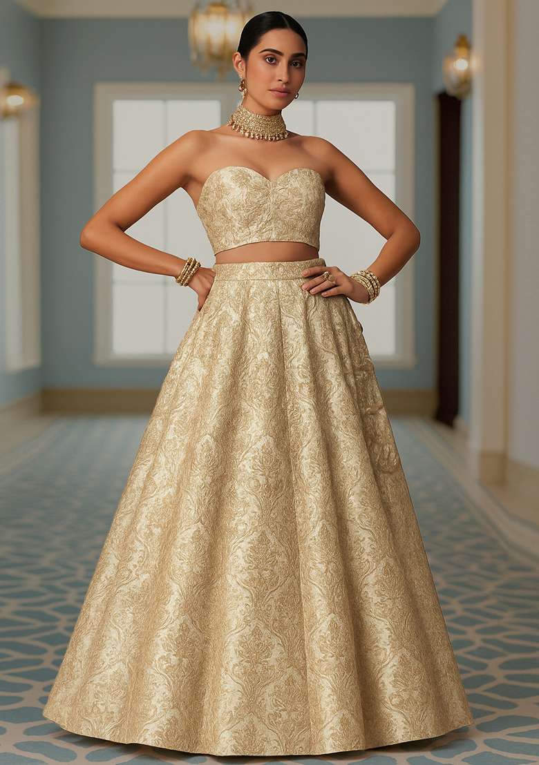 Beige Jacquard Brocade Corset Blouse Lehenga Set - Indya