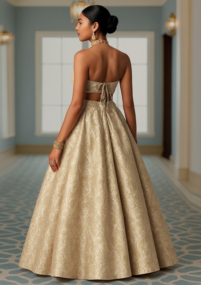 Beige Jacquard Brocade Lehenga Set - Indya