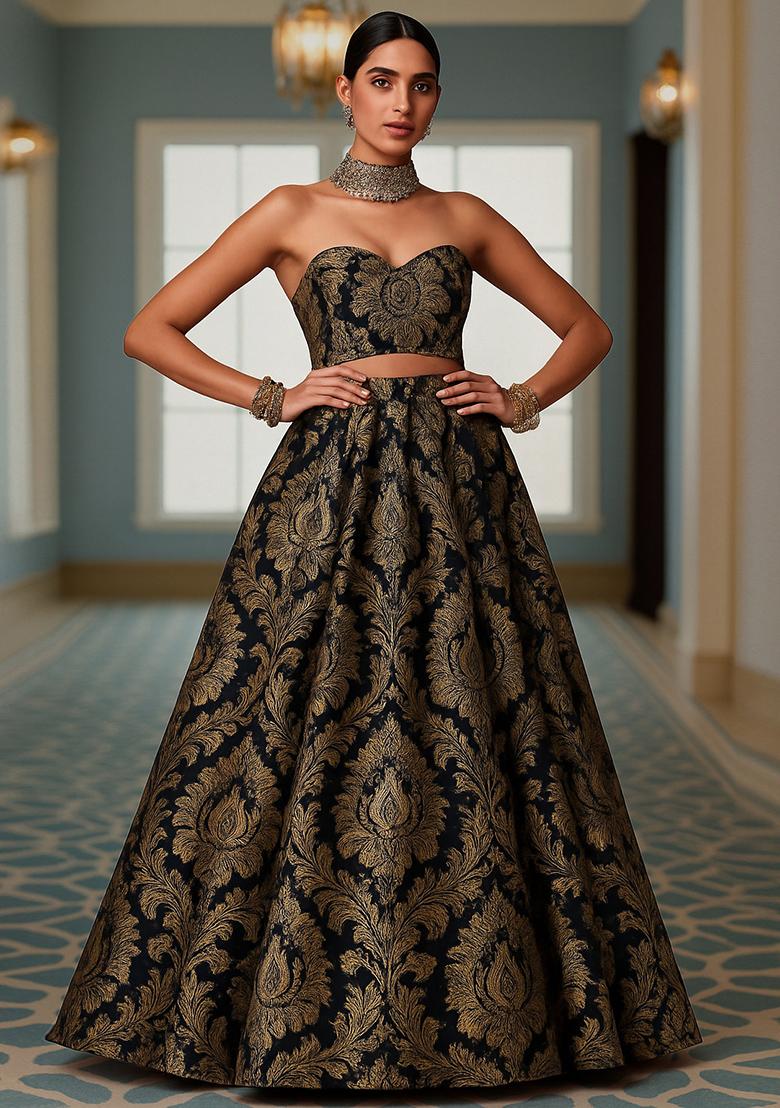 Black Jacquard Brocade Lehenga Set