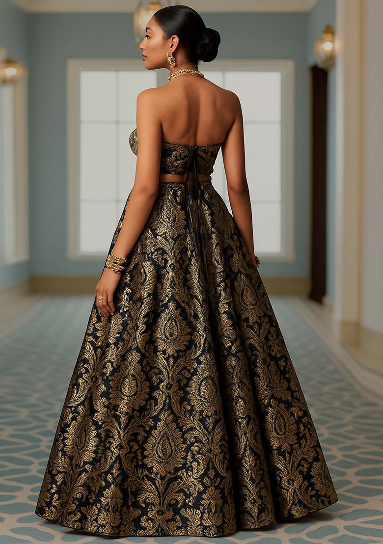 Black Jacquard Brocade Lehenga Set - Indya