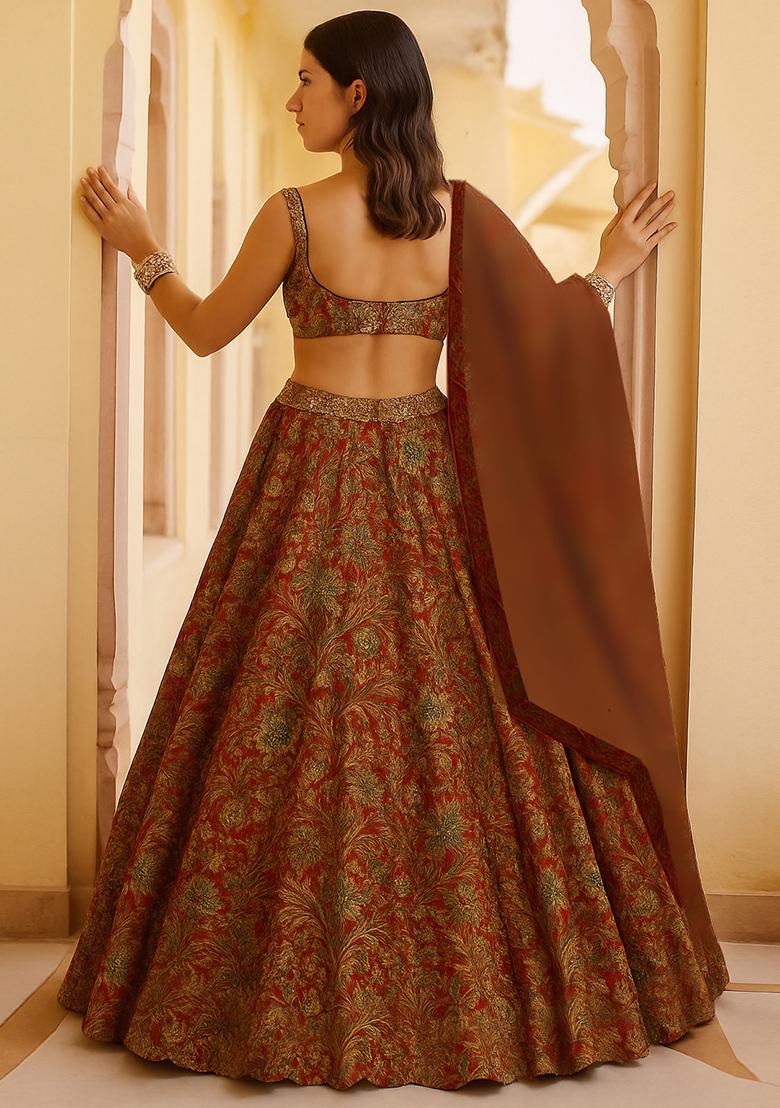 Pink Jacquard Brocade Lehenga Set - Indya