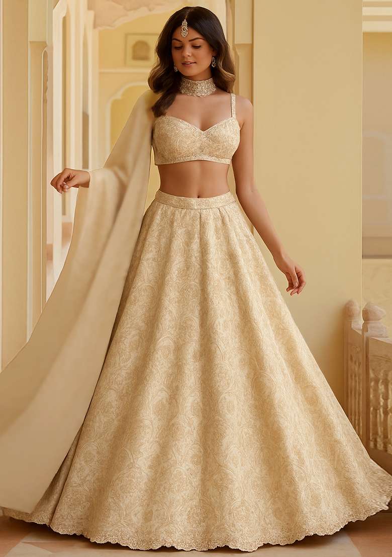 Beige Jacquard Brocade Lehenga Set - Indya