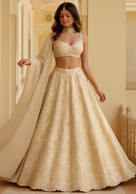 Beige Jacquard Brocade Lehenga Set