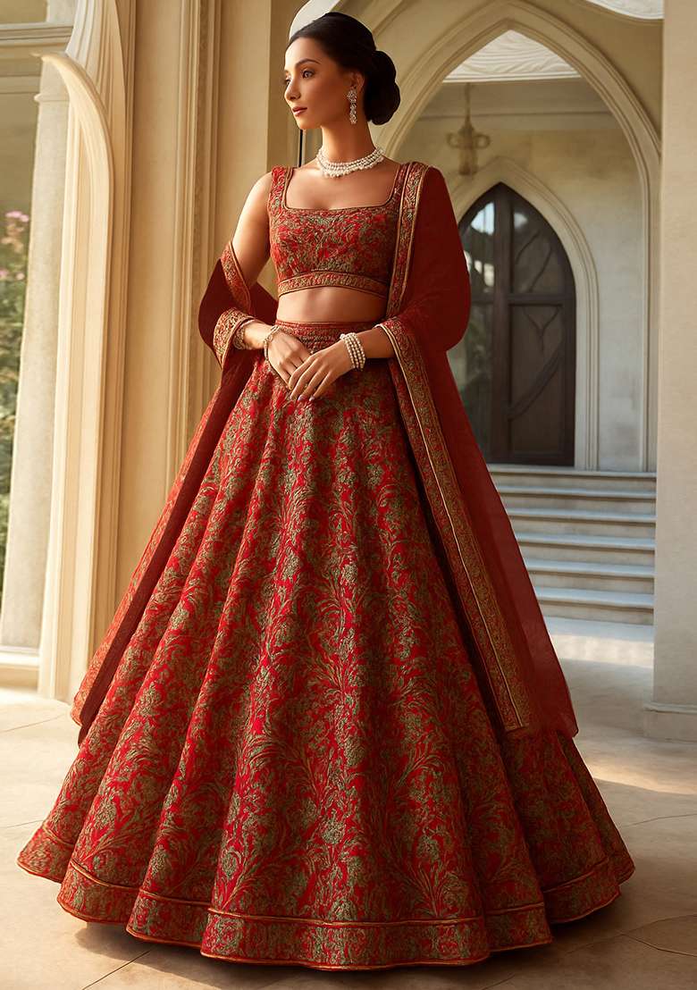 Pink Jacquard Brocade Lehenga Set - Indya