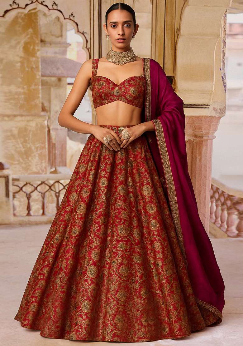 Pink Jacquard Brocade Lehenga Set - Indya