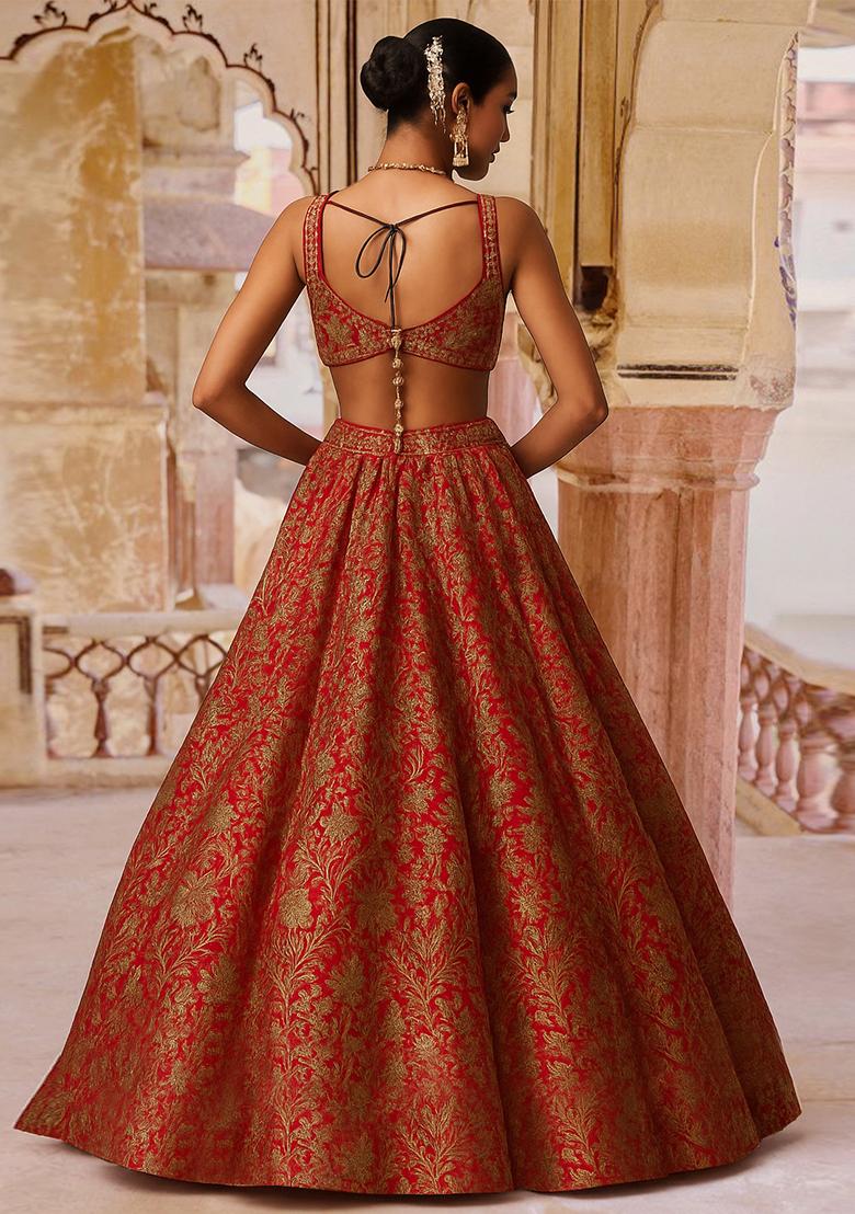 Pink Jacquard Brocade Lehenga Set - Indya