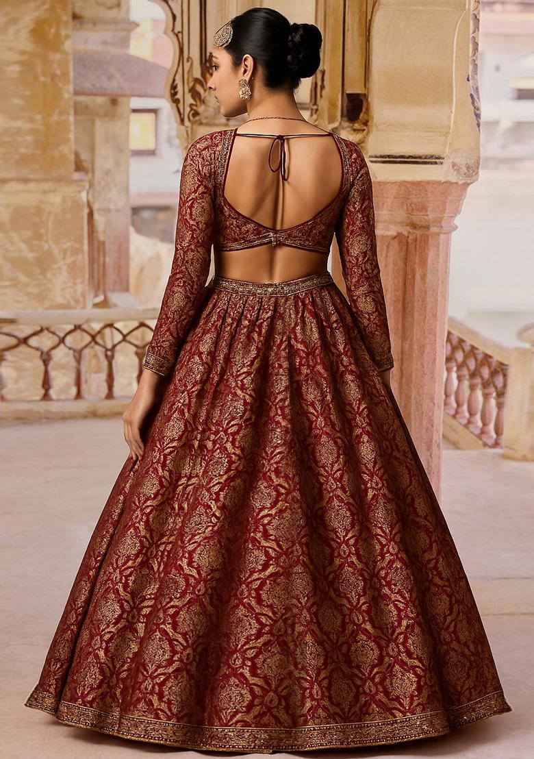 Rust Jacquard Brocade Lehenga Set - Indya