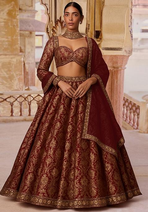 Rust Jacquard Brocade Lehenga Set