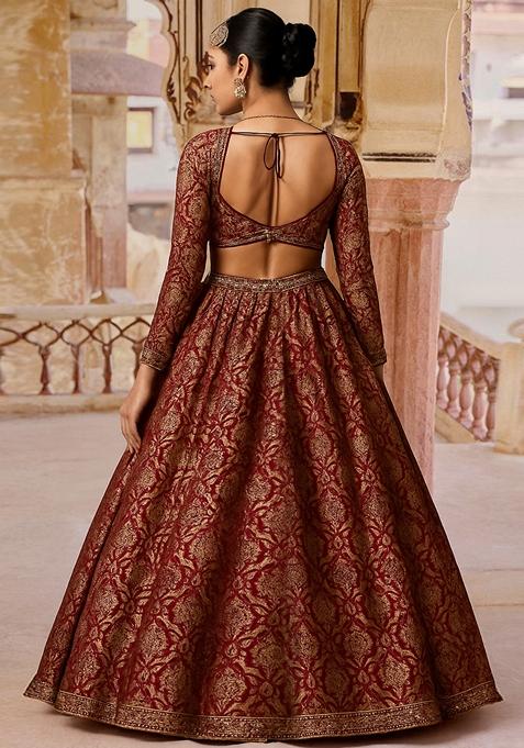 Rust Jacquard Brocade Lehenga Set