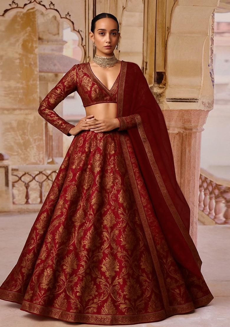 Rust Jacquard Brocade Lehenga Set - Indya