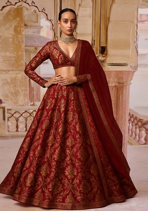 Rust Jacquard Brocade Lehenga Set