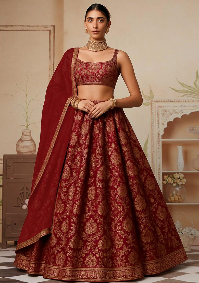 Rust Jacquard Brocade Lehenga Set