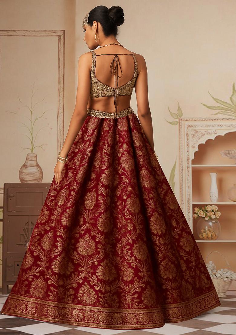 Rust Jacquard Brocade Lehenga Set - Indya